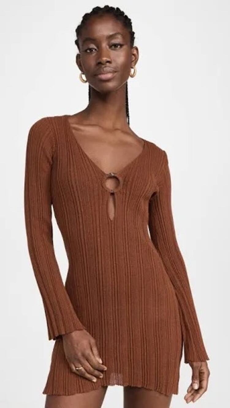 L*Space Wailea Brown Ribbed Long Sleeve O-Ring Beach Coverup Mini Dress Size S